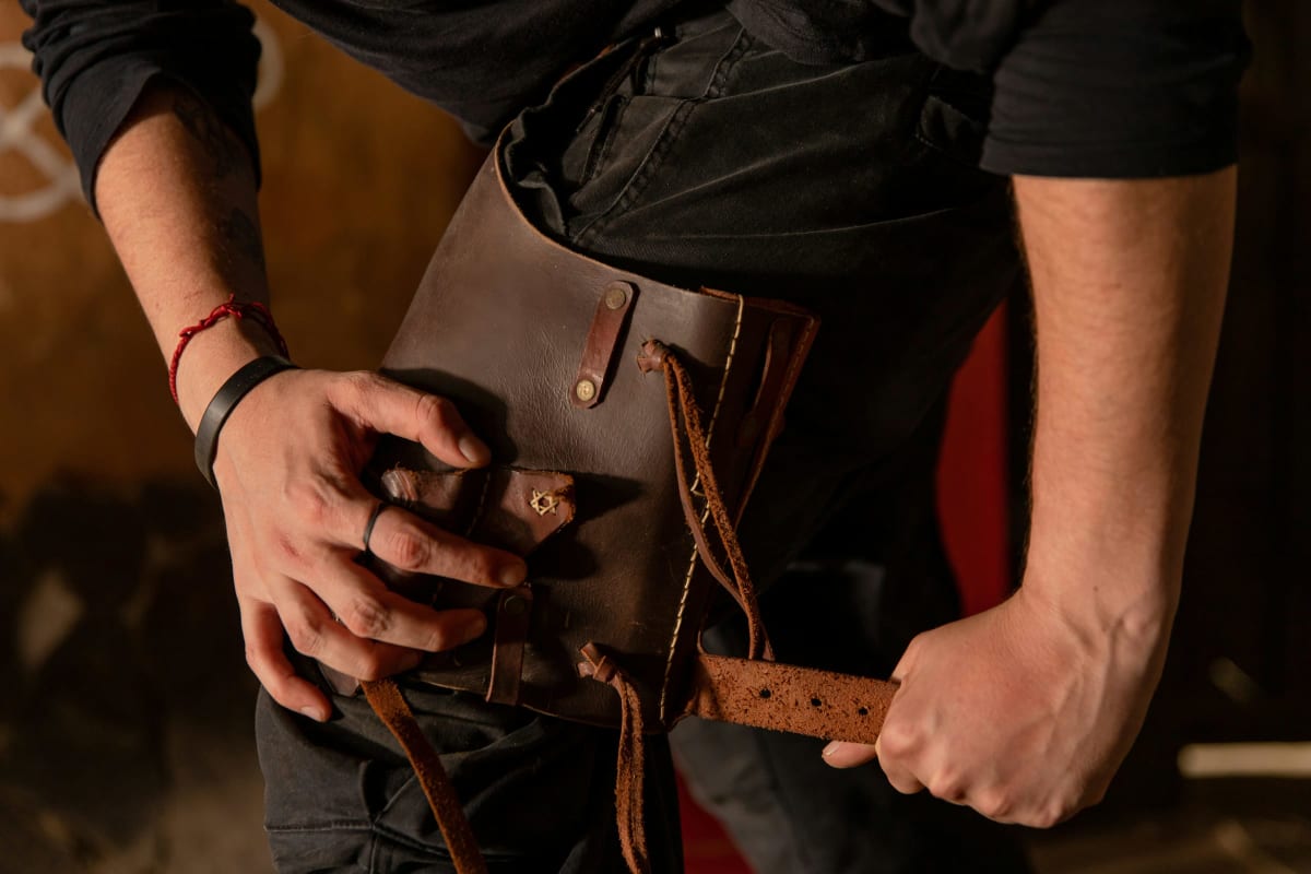 Buckling on a leather tool pouch