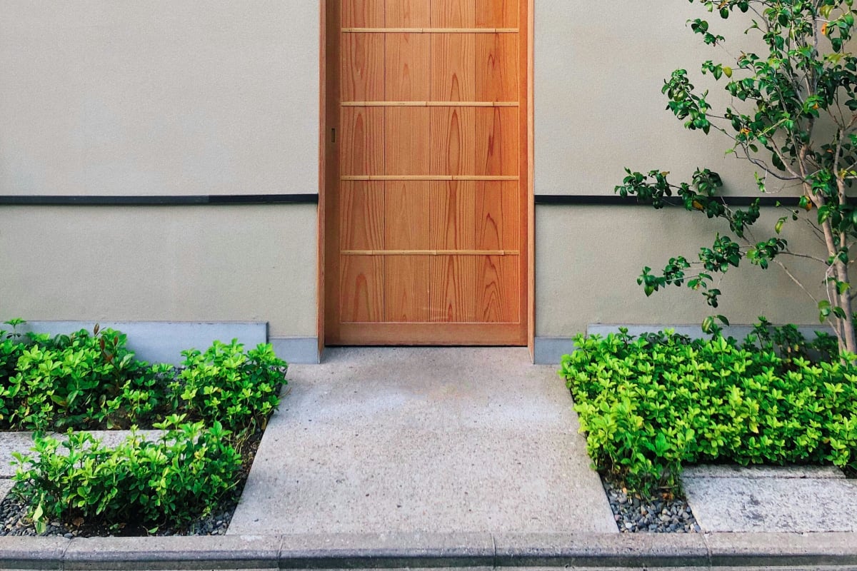 Wood-look entry door on a modern home