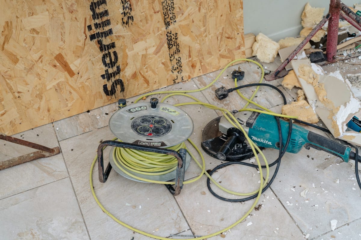 Cord reel and tools on a job site