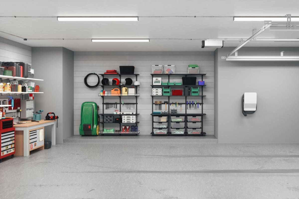 Clean garage with shelving and storage bins