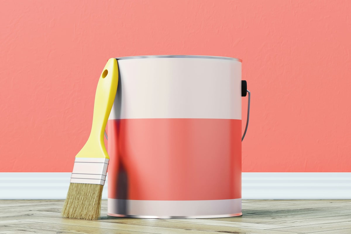 Paint can and brush against a coral wall
