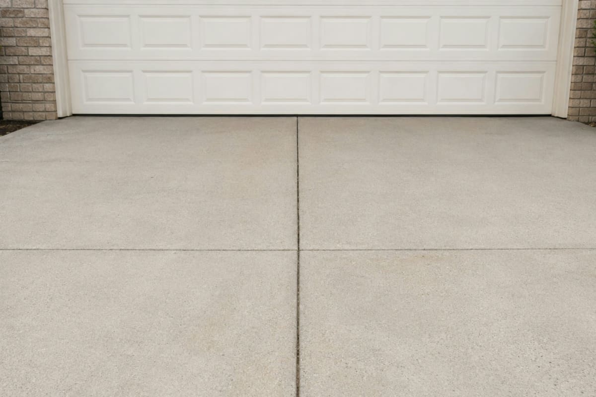Concrete driveway joints in front of a garage door