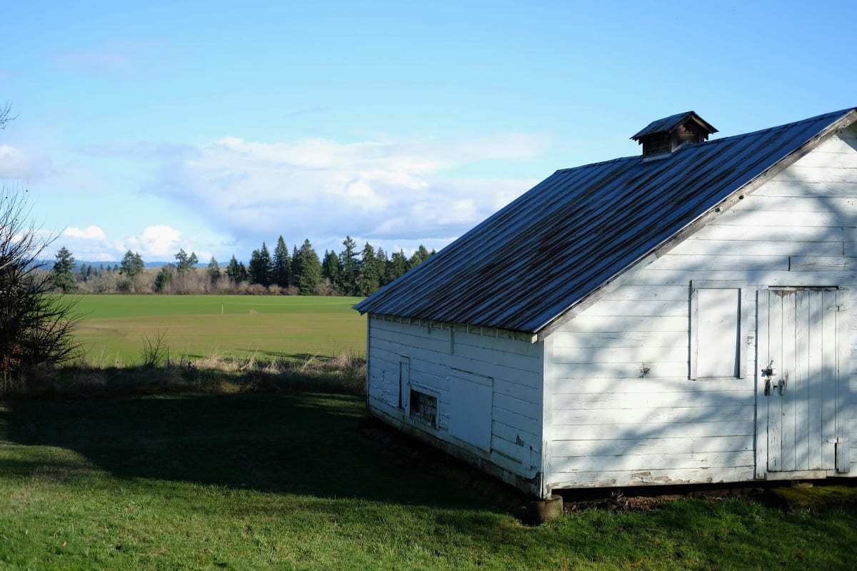 White barn with a dark metal roof