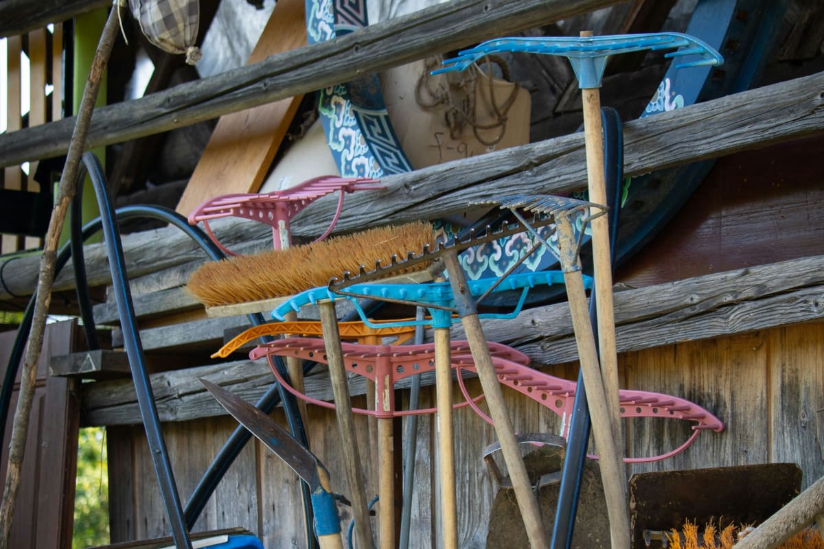 Long-handle tools stored in a shed