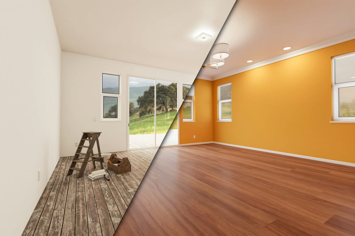 Room before and after a bold orange paint job
