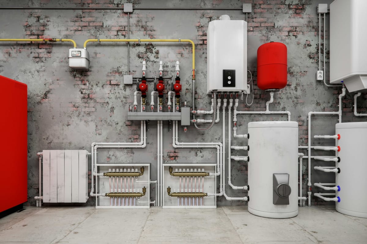 Basement mechanical room with pumps and lines