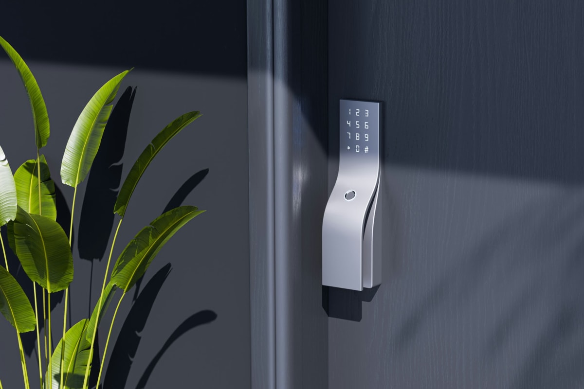 Keypad lock on a dark front door