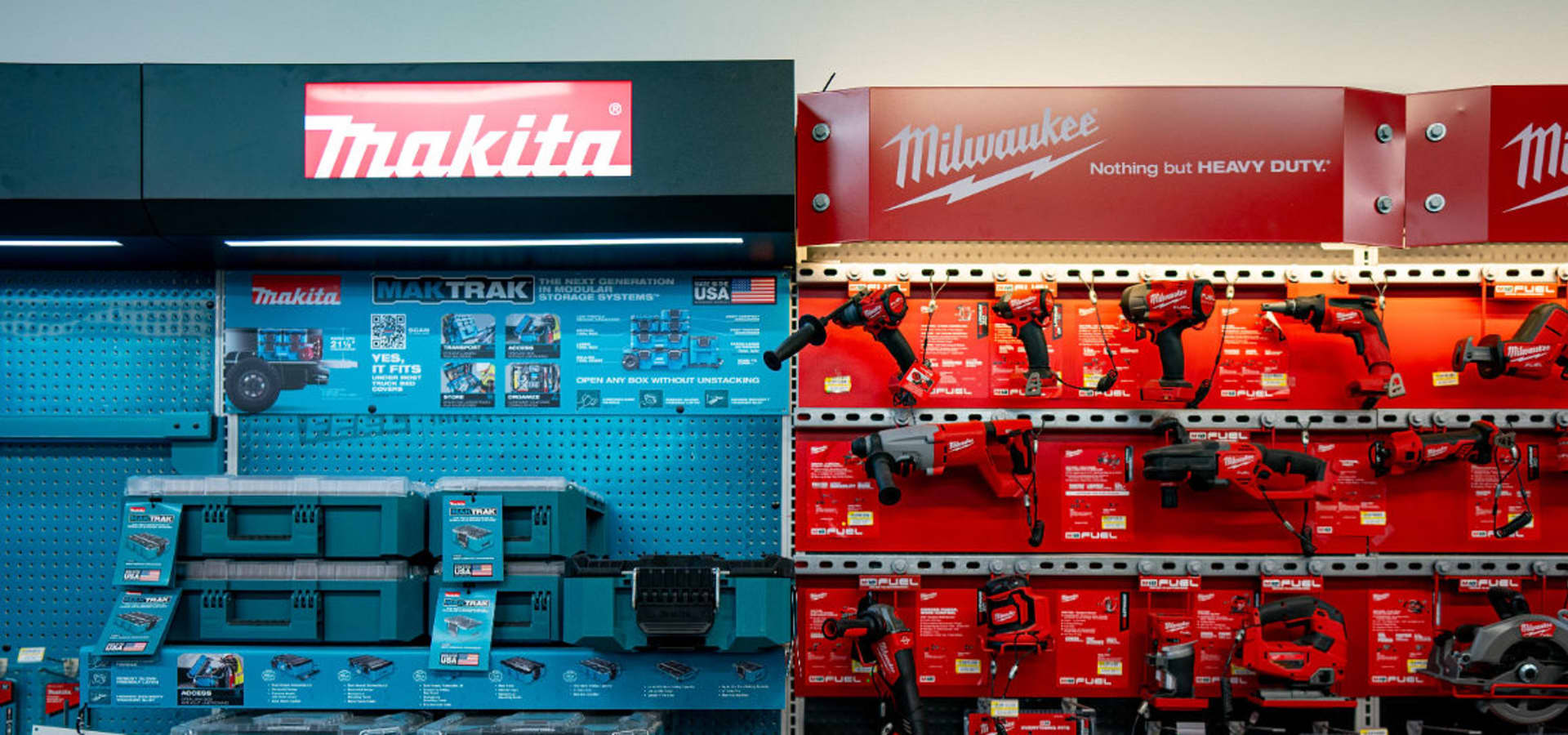 Makita and Milwaukee tool display