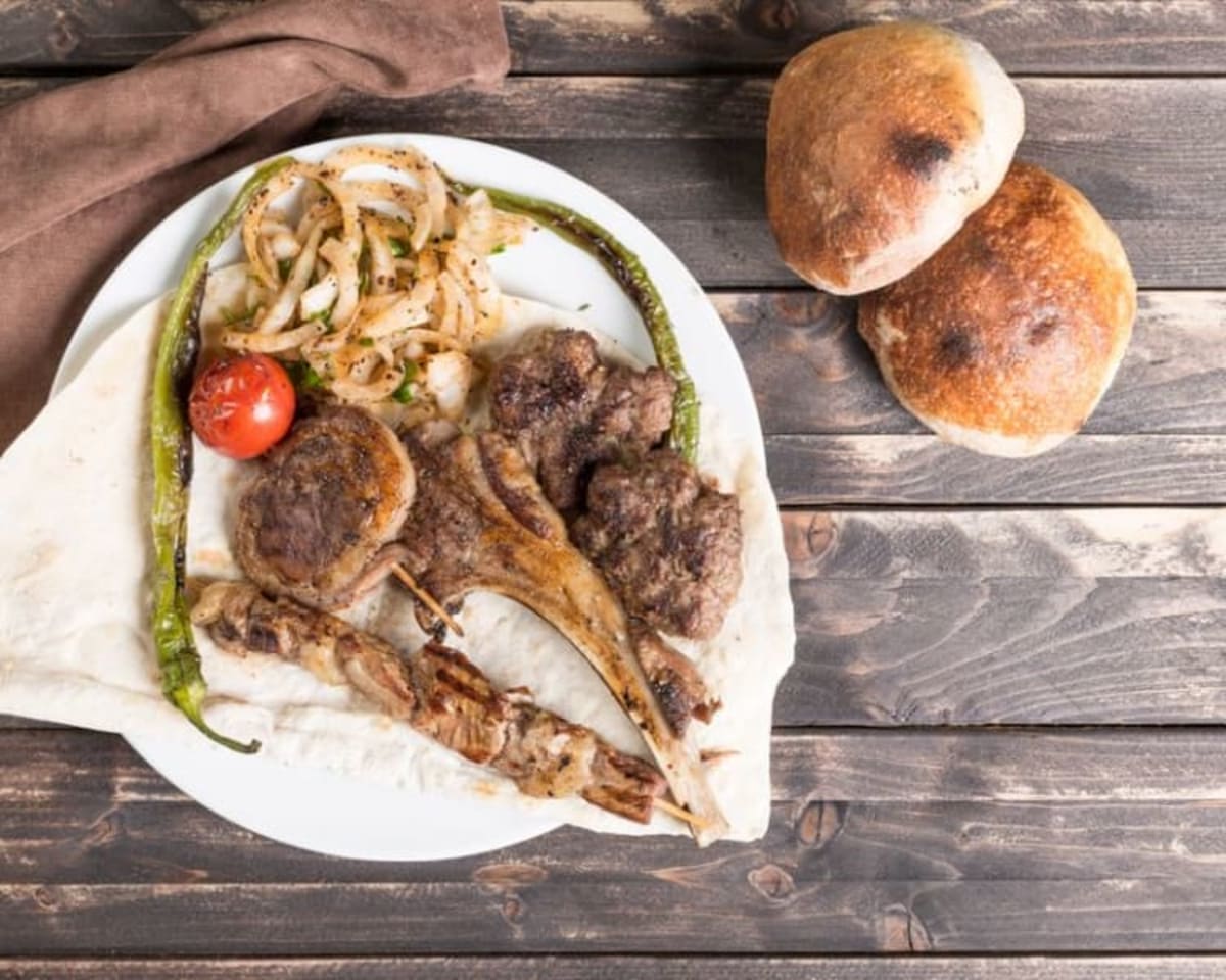 Lamb Kebab with Roasted Vegetables & Yogurt