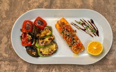 Baked Fish with Roasted Vegetables & Rice