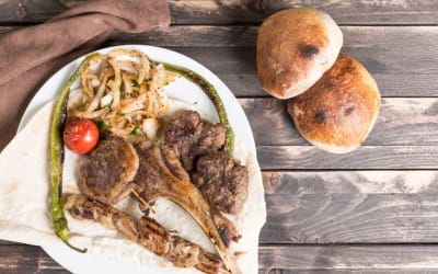 Lamb Kebab with Roasted Vegetables & Yogurt