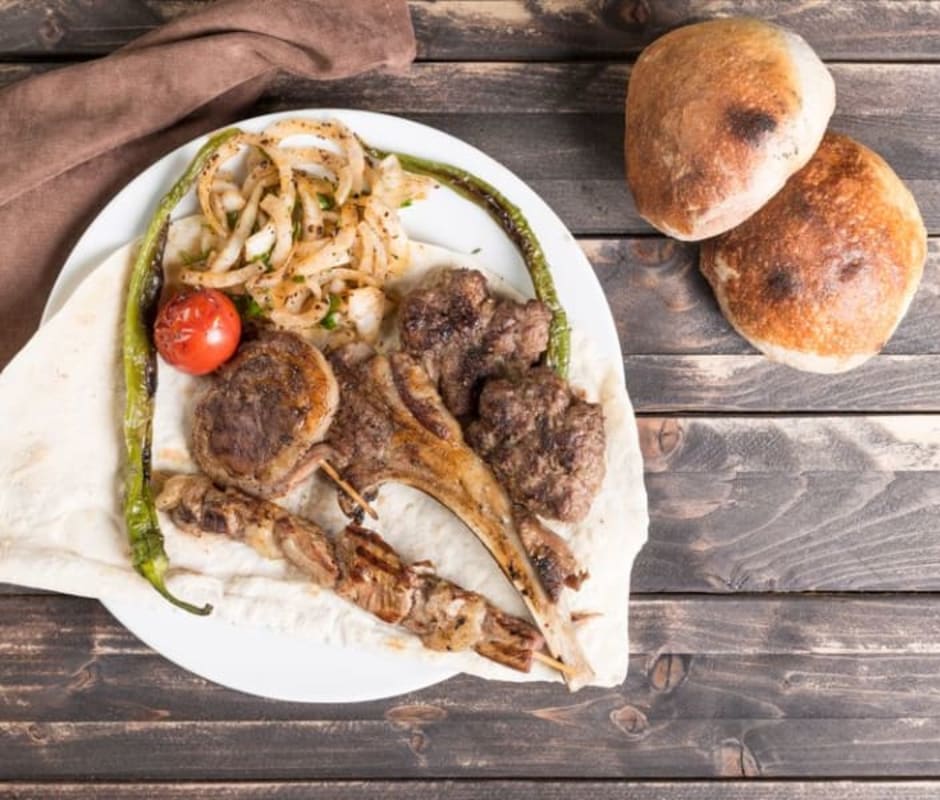 Lamb Kebab with Roasted Vegetables & Yogurt