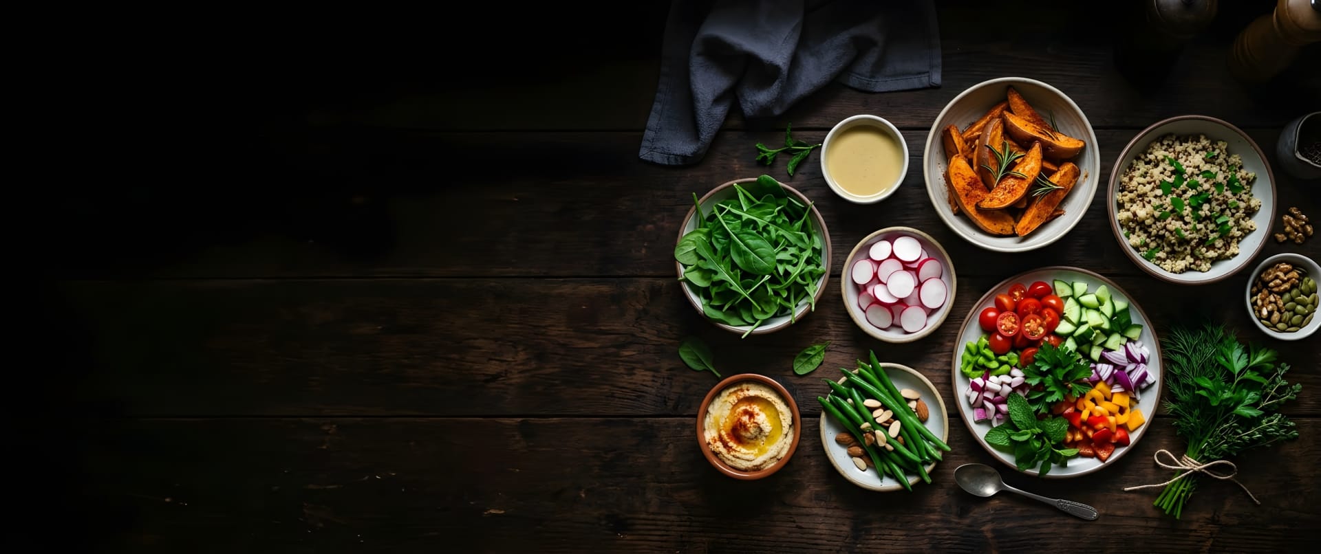 Fresh vegetables and grains on dark kitchen counter