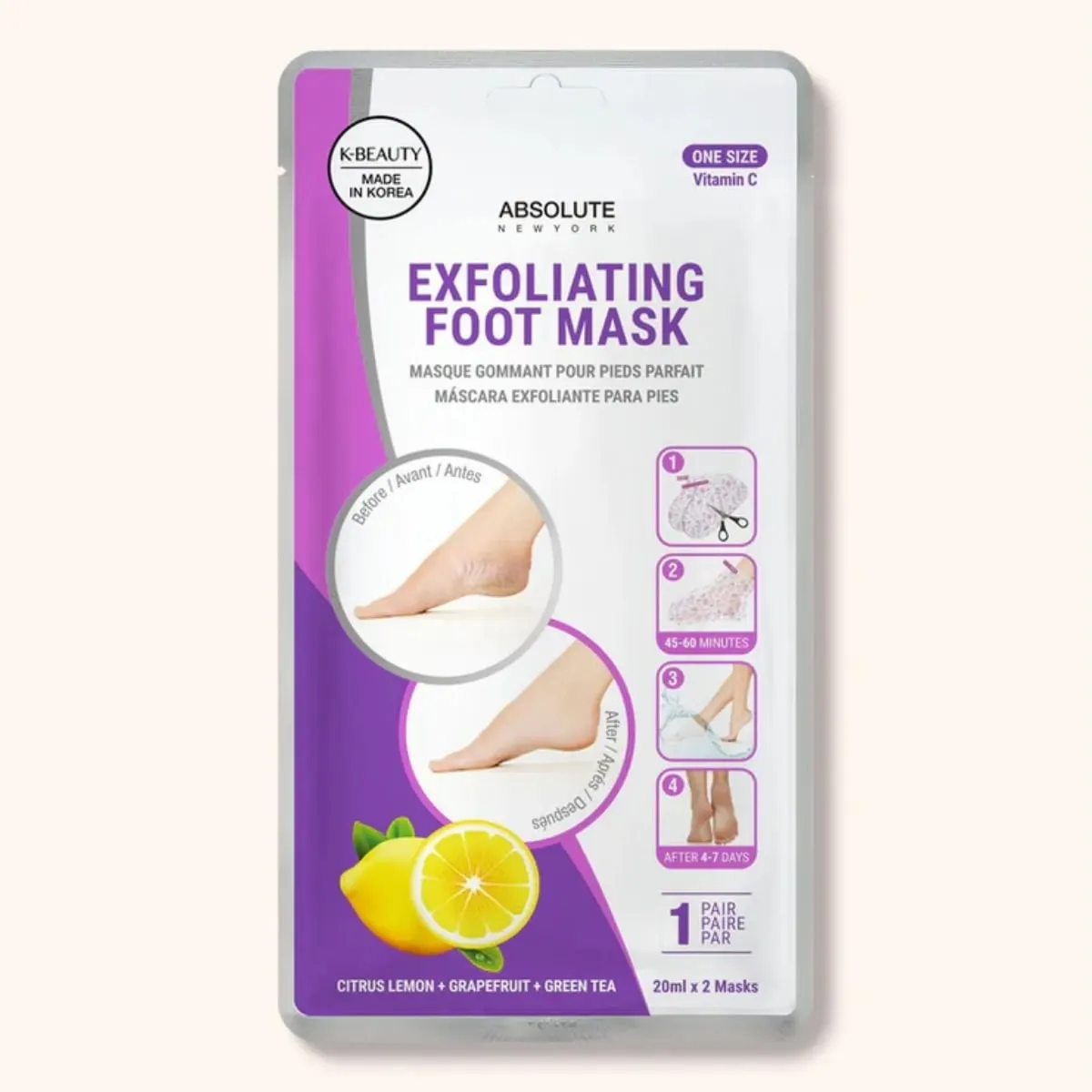 Absolute New York Exfoliating Foot Mask قناع مقشر للقدمين Citrus Lemon Grapefruit Green Tea