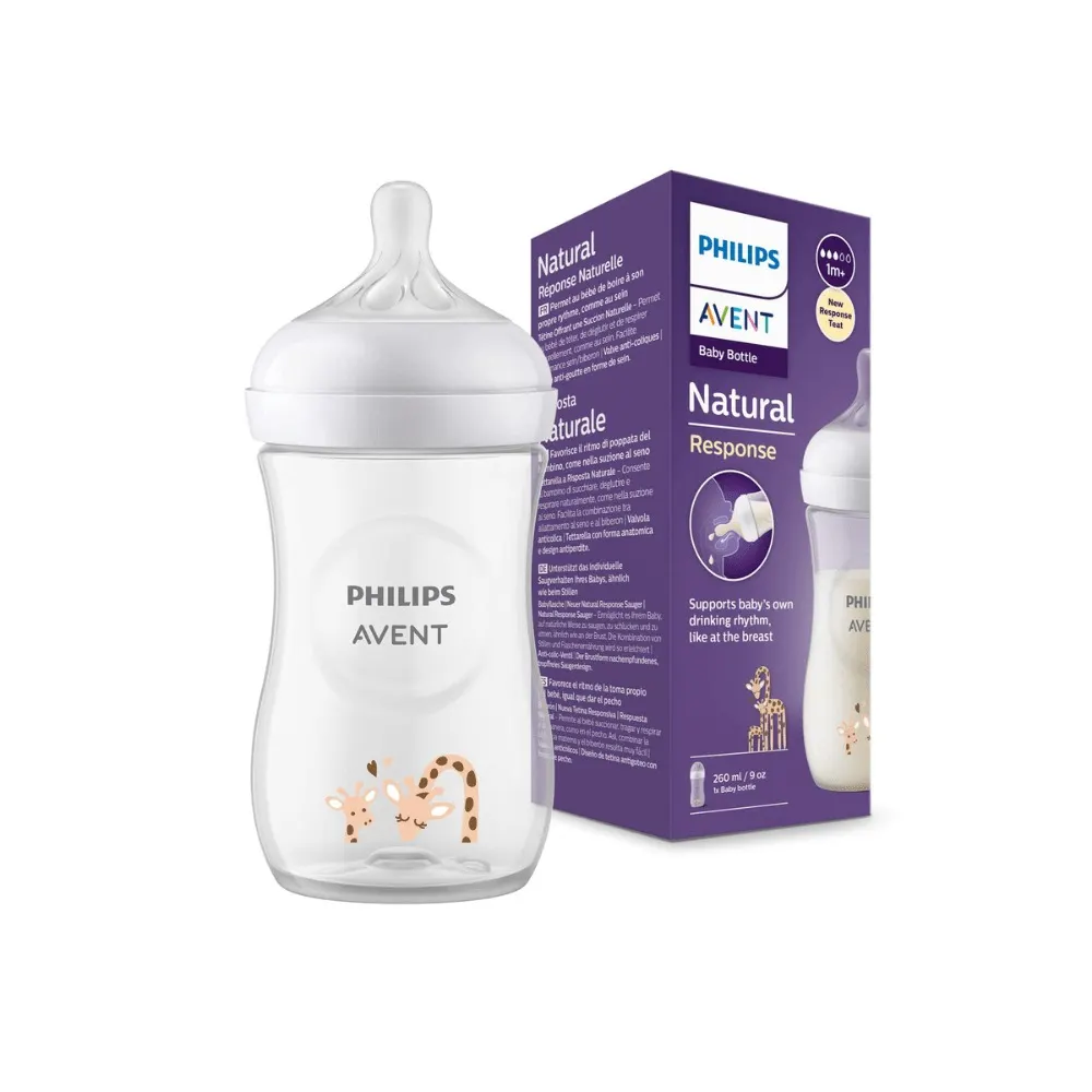 Avent Natural Biberon din plastic Deco Girafe +1 luni cu debit 3, 260 ml