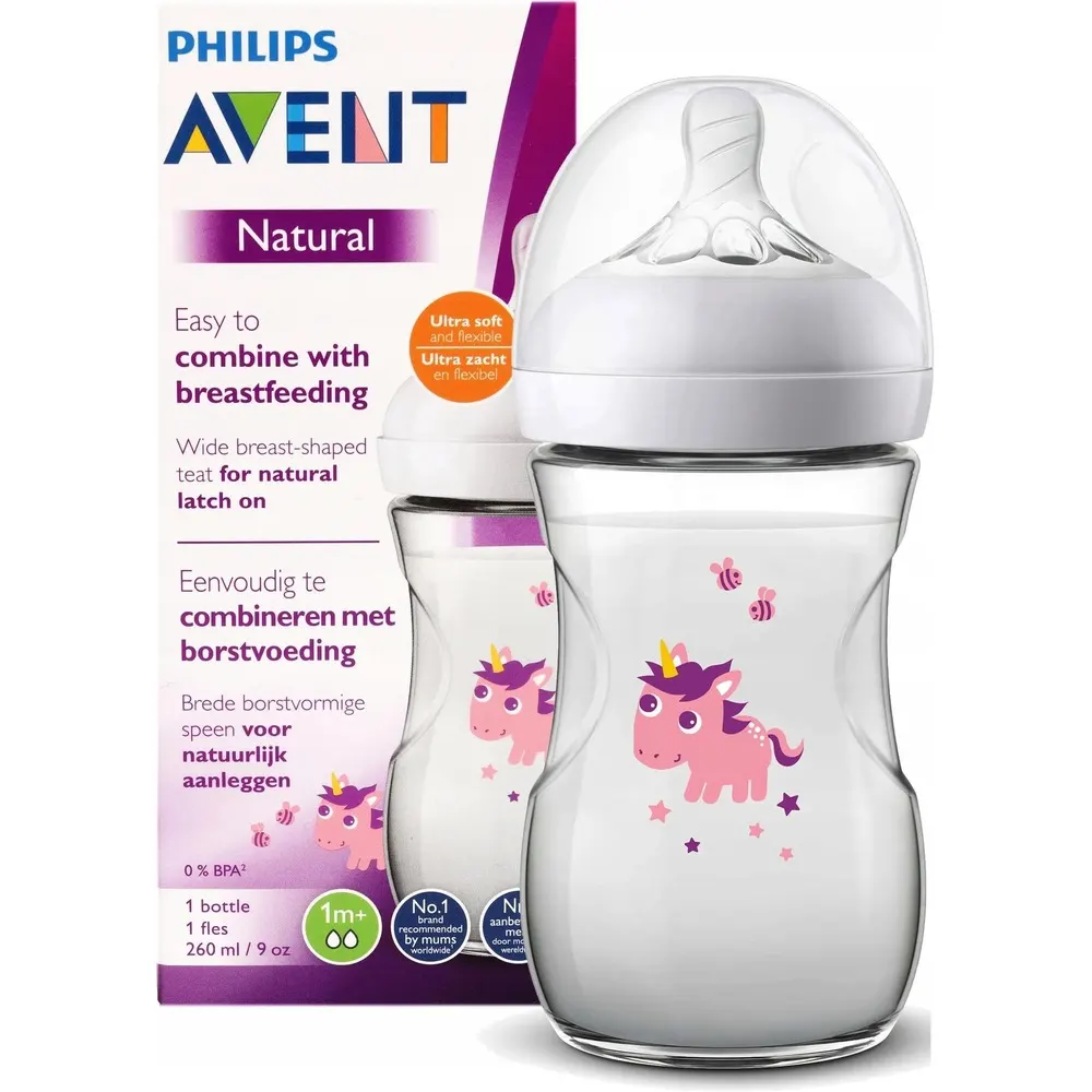 Avent SCF070/25 Biberon Natural débit lent dès 1 mois Unicorn 260 ml