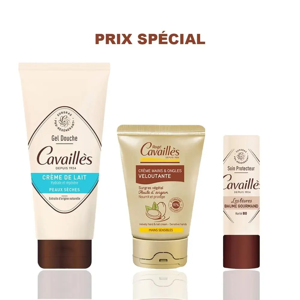 CAVAILLES PACK GEL DOUCHE CREME DE LAIT 200ML + CREME MAINS VELOUTANTE 50ML + BAUME LEVRES GOURMAND