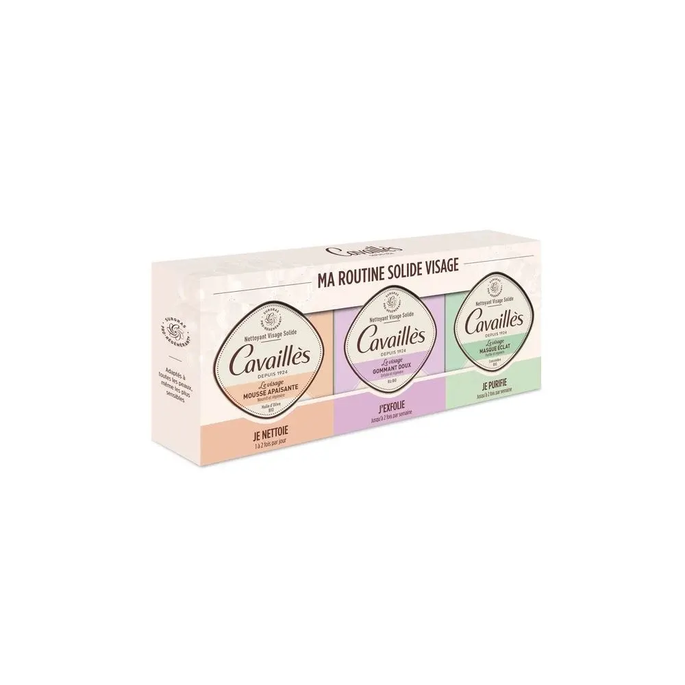 CAVAILLES Ma Routine Solide Visage – Mousse Apaisante + Gommant Doux + Masque Éclat