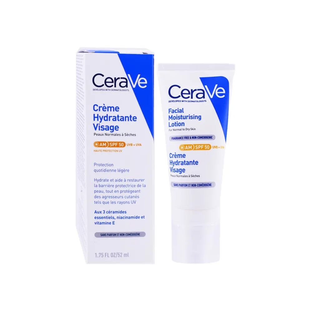 CeraVe Crème Hydratante Visage PM 52 ml + Fluide Hydratant Invisible SPF50 50 ml = Trousse + 3 Cadeaux Offerts