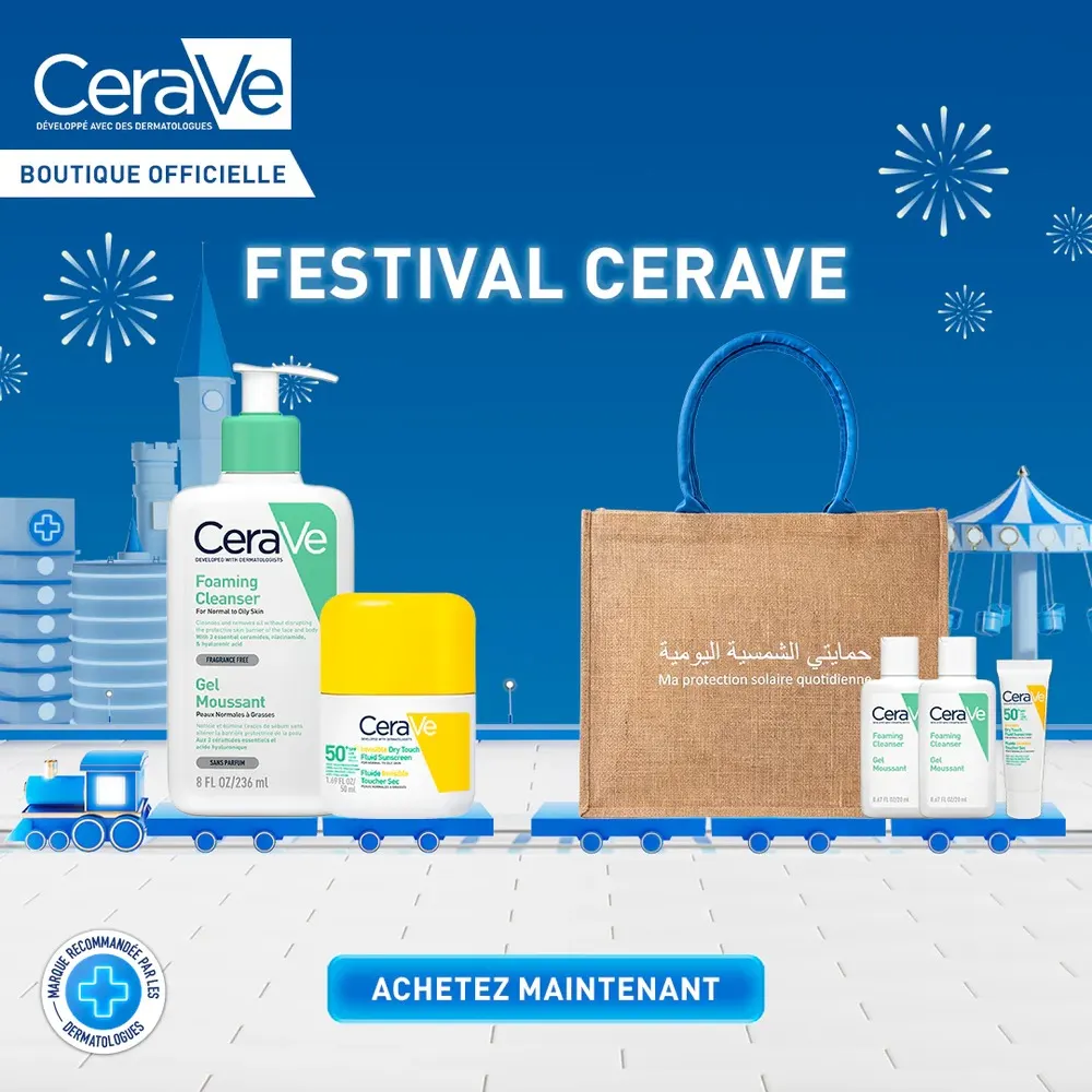 CeraVe Pack Été Gel Moussant 236 ml + Fluide Invisible Toucher Sec SPF50 50 ml = Trousse + Toucher Sec SPF50 5ml Offerts