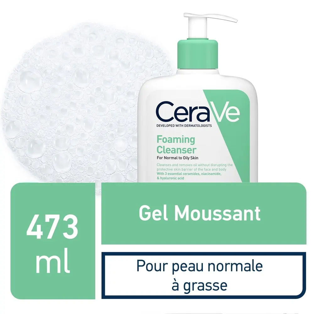 Cerave gel moussant nettoyant peau normale à grasse 473ml = GEL MOUSSANT 20 ML OFFERT