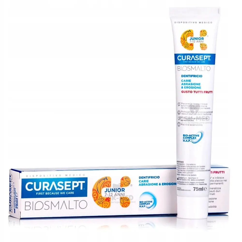 Curasept Dentifrice Biosmalto Junior 7 – 12 ans fluor fruits Tube 75 ml