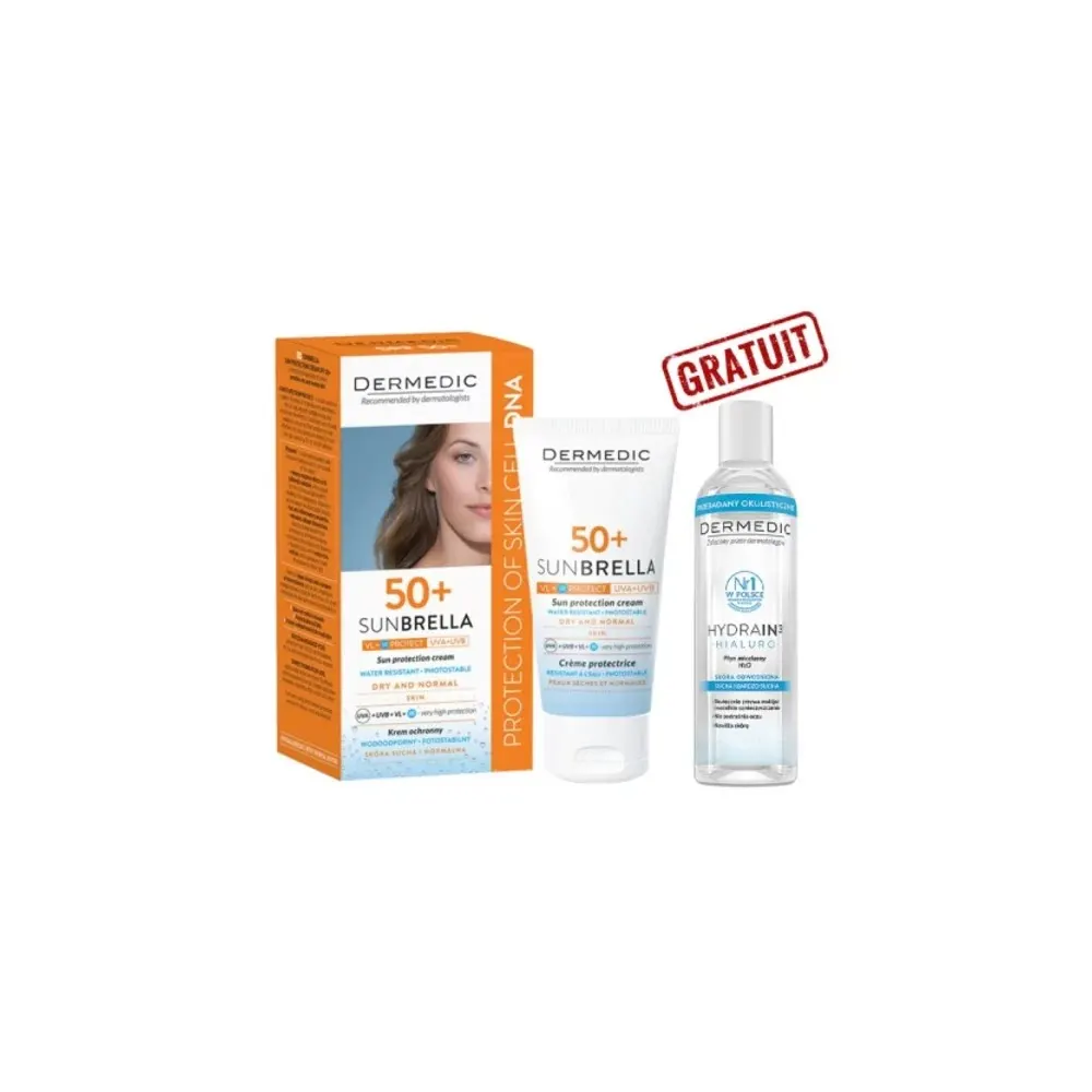 DERMEDIC SUNBRELLA 50+ PEAUX NORMALE À SÈCHE 50ML = HYDRAIN3 MICELLAR WATER 100ML OFFERTE
