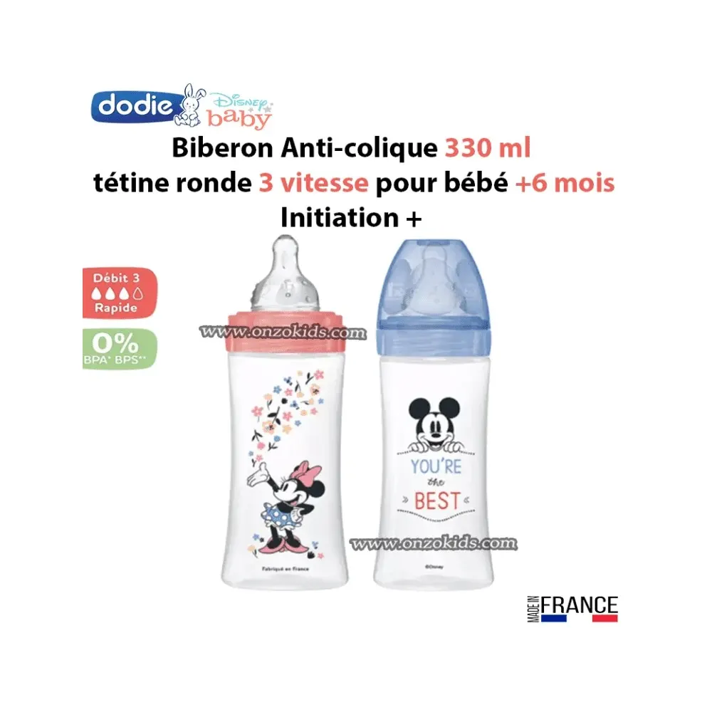 DODIE BIBERON ANTI COLIQUE TETINE RONDE 3 VITESSES + 330ML BLEU POMPIER +6 M