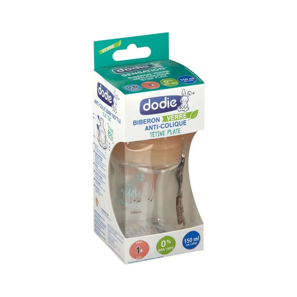 DODIE رضاعة Sens+ زجاج 150 مل بيج Biche 0-6 أشهر حلمة مسطحة D1