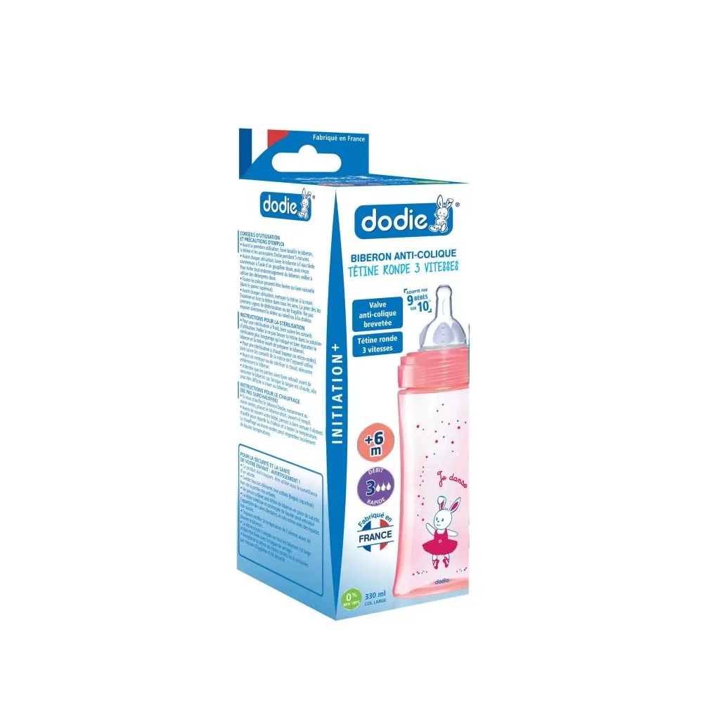 DODIE BIBERON TETINE MULT ANTI COLIQUE +6 MOIS DEBIT 3 ROSE 330 ML