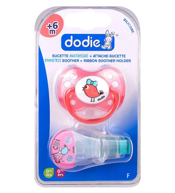 Dodie – Sucette forme anatomique + Attache sucette silicone (6M +) – Filles