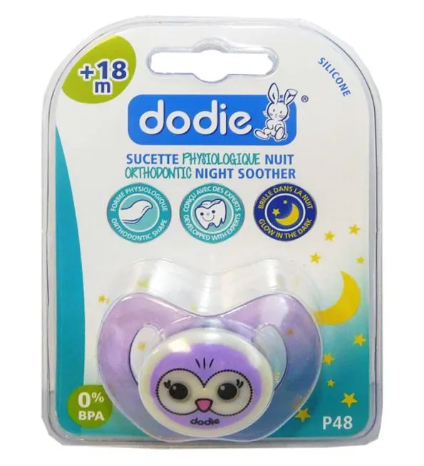 Dodie – Sucette physiologique silicone nuit (18M+) N°48 – Chouette & Mouton