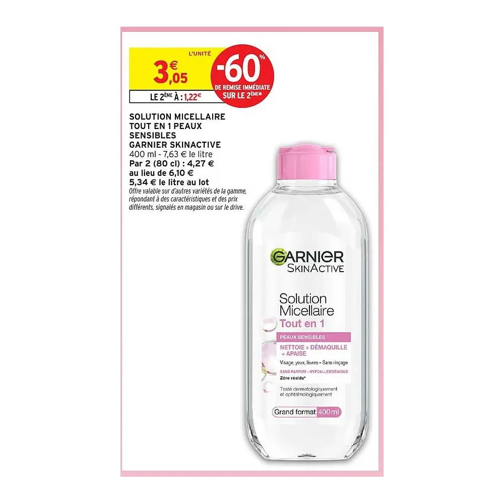 Garnier solution micellaire tout en 1 peaux sensibles 400ml = SET DE 3 PADS SKINACTIVE OFFERT