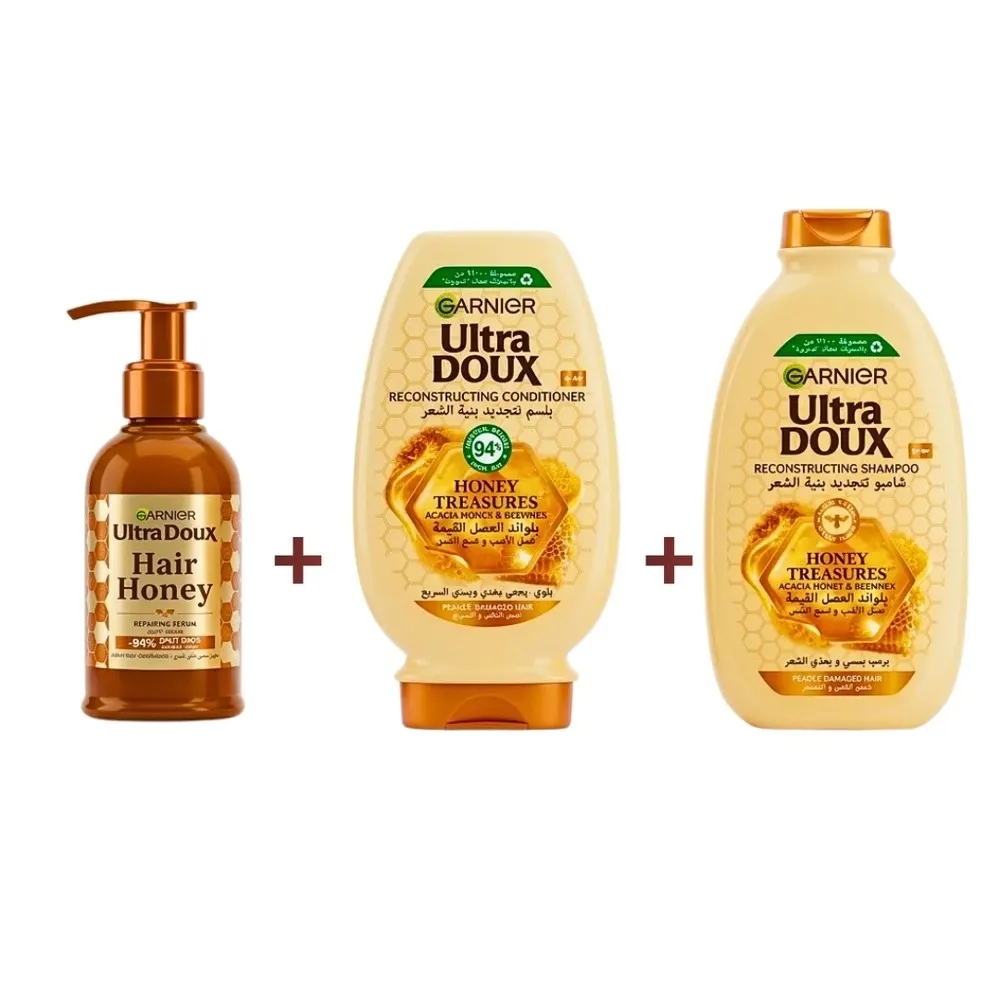 Garnier Ultra Doux بلسم الشعر 200 مل + شامبو 200 مل + سيروم 115 مل علبة هدية