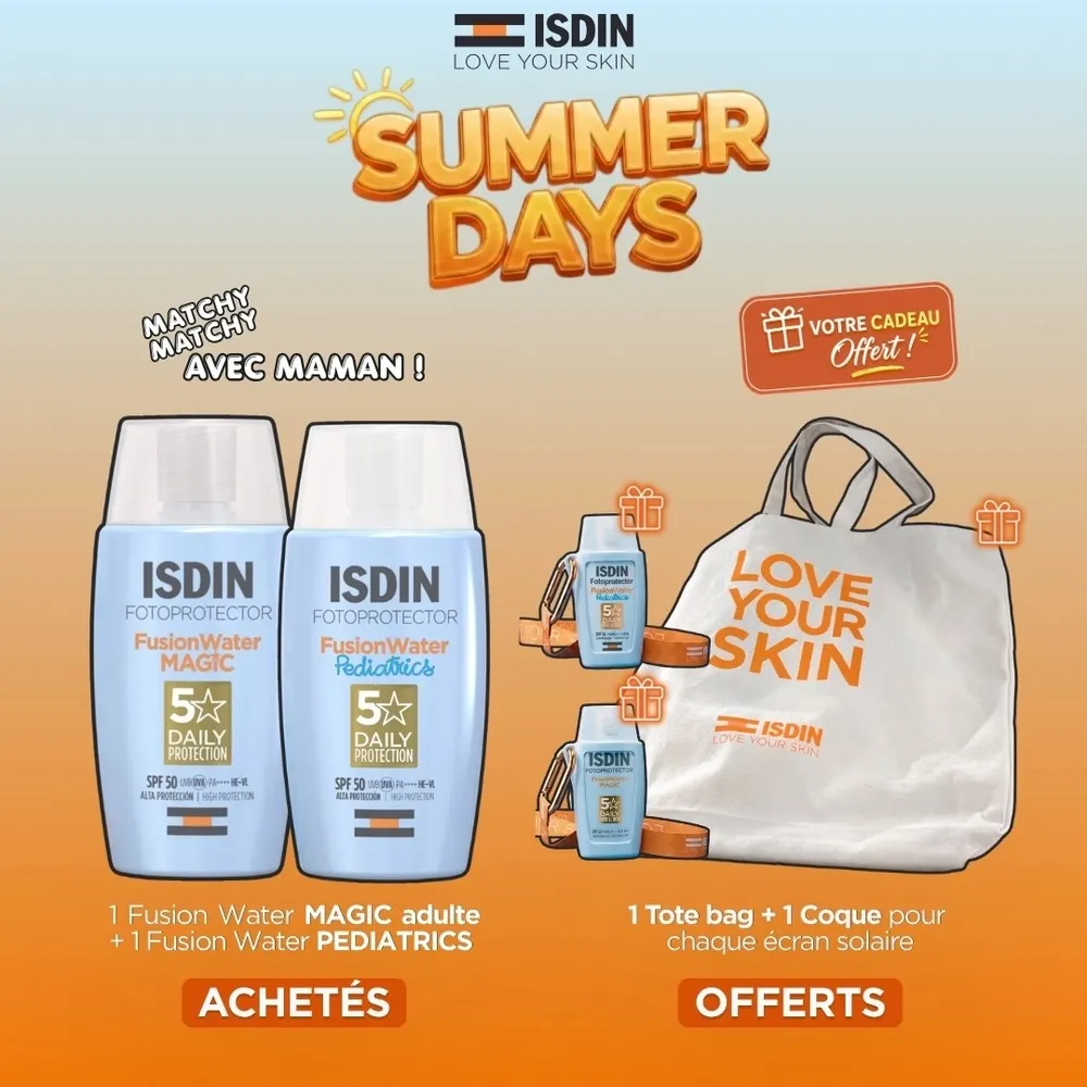 Isdin Fusion Water Magic للبالغين + Fusion Water Pediatrics = حقيبة قماشية هدية