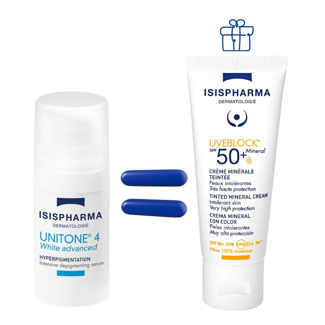 Isis Pharma Unitone 4 White Advanced سيروم مبيض مكثف 15 مل = Uveblock 50+ Mineral Teintée هدية