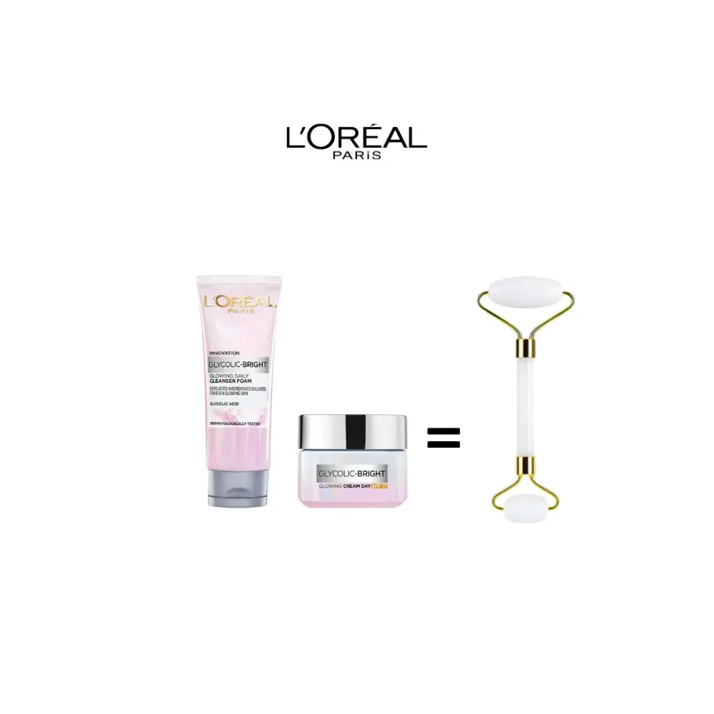 L'Oréal Paris Gel Wash Glyco Bright 100 مل + كريم النهار Glyco Bright 50 مل مع رولر هدية
