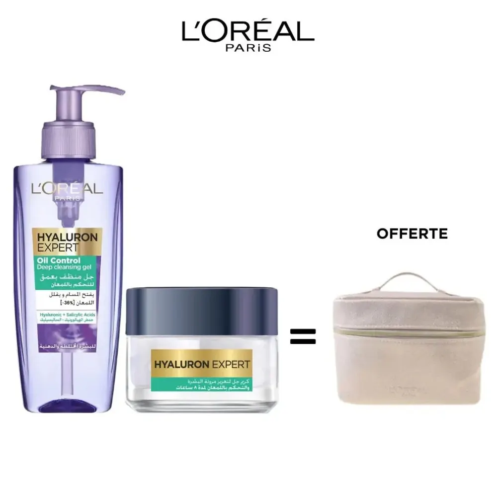 L'Oréal Paris Hyaluron Expert جل منظف Oil Control 200 مل + جل كريم مرطب للتحكم في اللمعان 8 ساعات 50 مل مع حقيبة زينة هدية