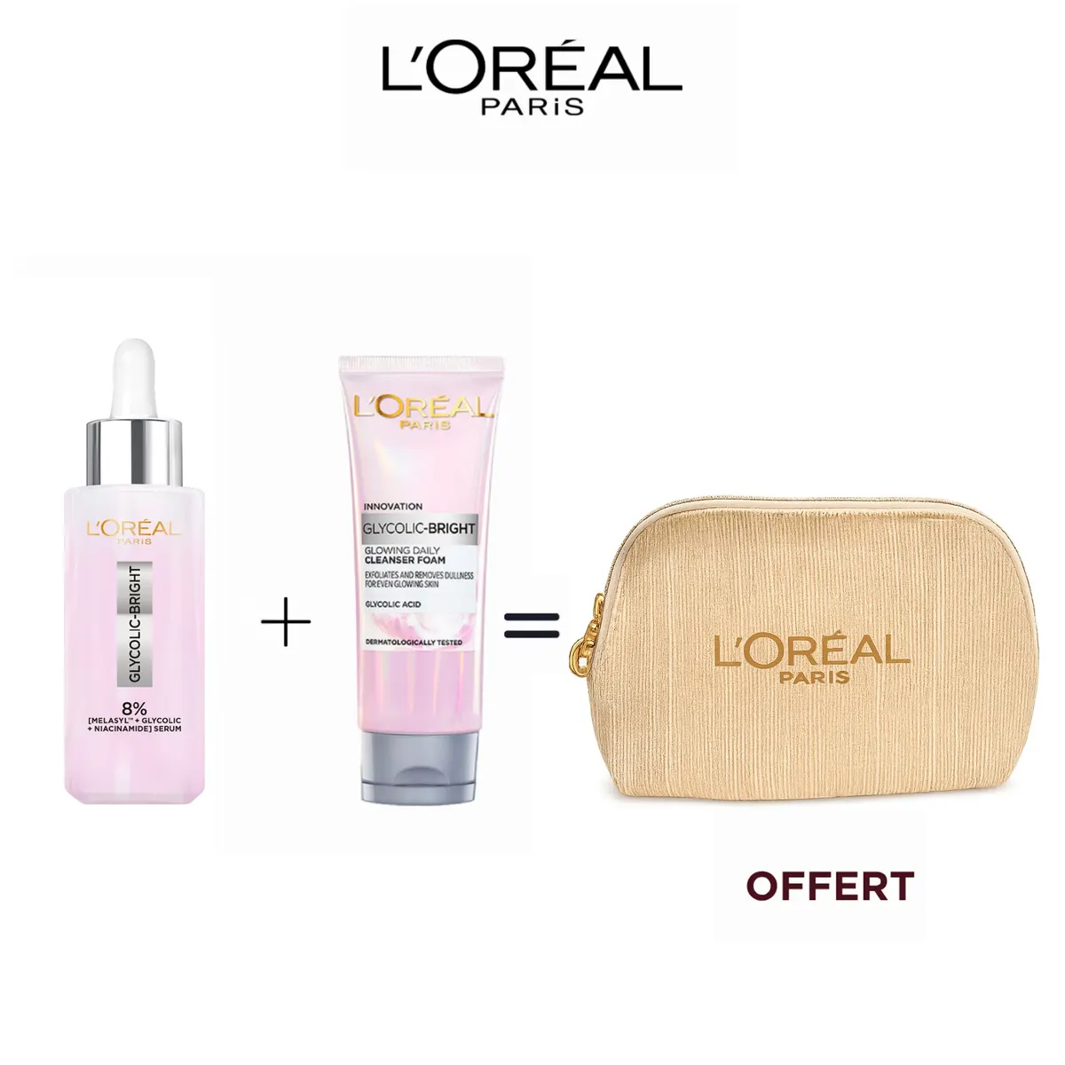 L'Oréal Paris Glycolic Bright Melasyl سيروم 30 مل + جل منظف Glycolic Bright 100 مل مع حقيبة بيج هدية