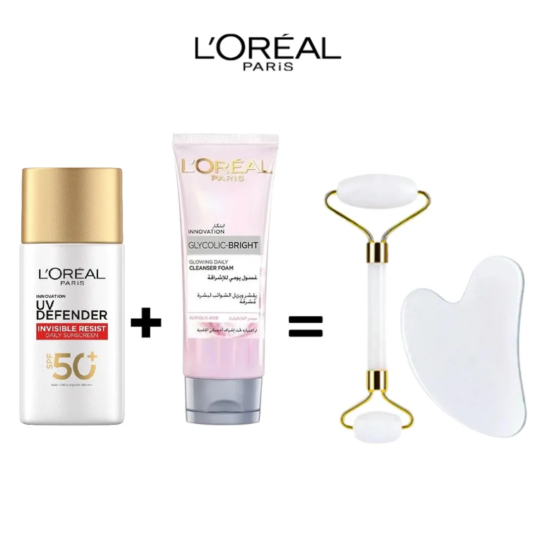 L'Oréal Paris UV Defender Invisible Resiste SPF 50+ + Cleanser Glyco Bright مع علبة Guasha هدية