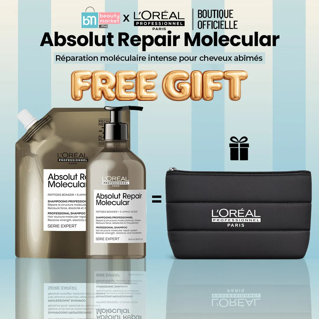 L'Oréal Professionnel Absolut Repair Molecular شامبو 500 مل + عبوة تعبئة شامبو 500 مل مع حقيبة زينة هدية