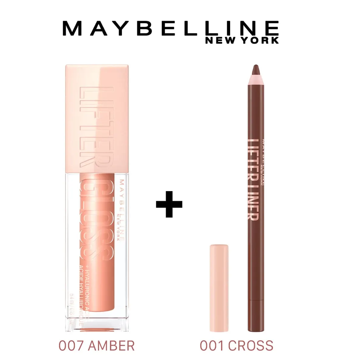 MAYBELLINE LIFTER GLOSS À LÈVRES REPULPANT 007 AMBER + LIFTER LINER NU 001 CROSS THE LINE