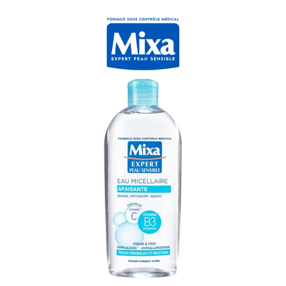 MIXA Eau Micellaire Apaisante Peau Sensible et Réactive 400ml + Hyaluron Protect Peaux Sensibles SPF50+ Spray 150ml = Tote Bag Offert