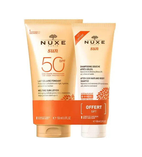 NUXE حليب شمسي Fondant حماية عالية SPF50 للوجه والجسم 150 مل + NUXE شامبو استحمام بعد الشمس 100 مل