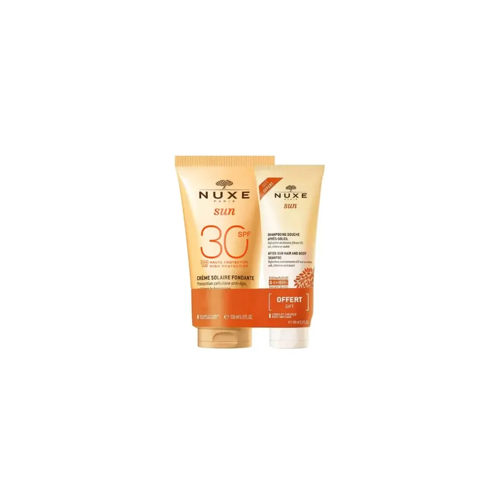 Nuxe Sun حليب شمسي Fondant SPF30 150 مل + زيت حليبي للشعر 100 مل = شامبو استحمام 100 مل + حقيبة + منشفة جافة هدية