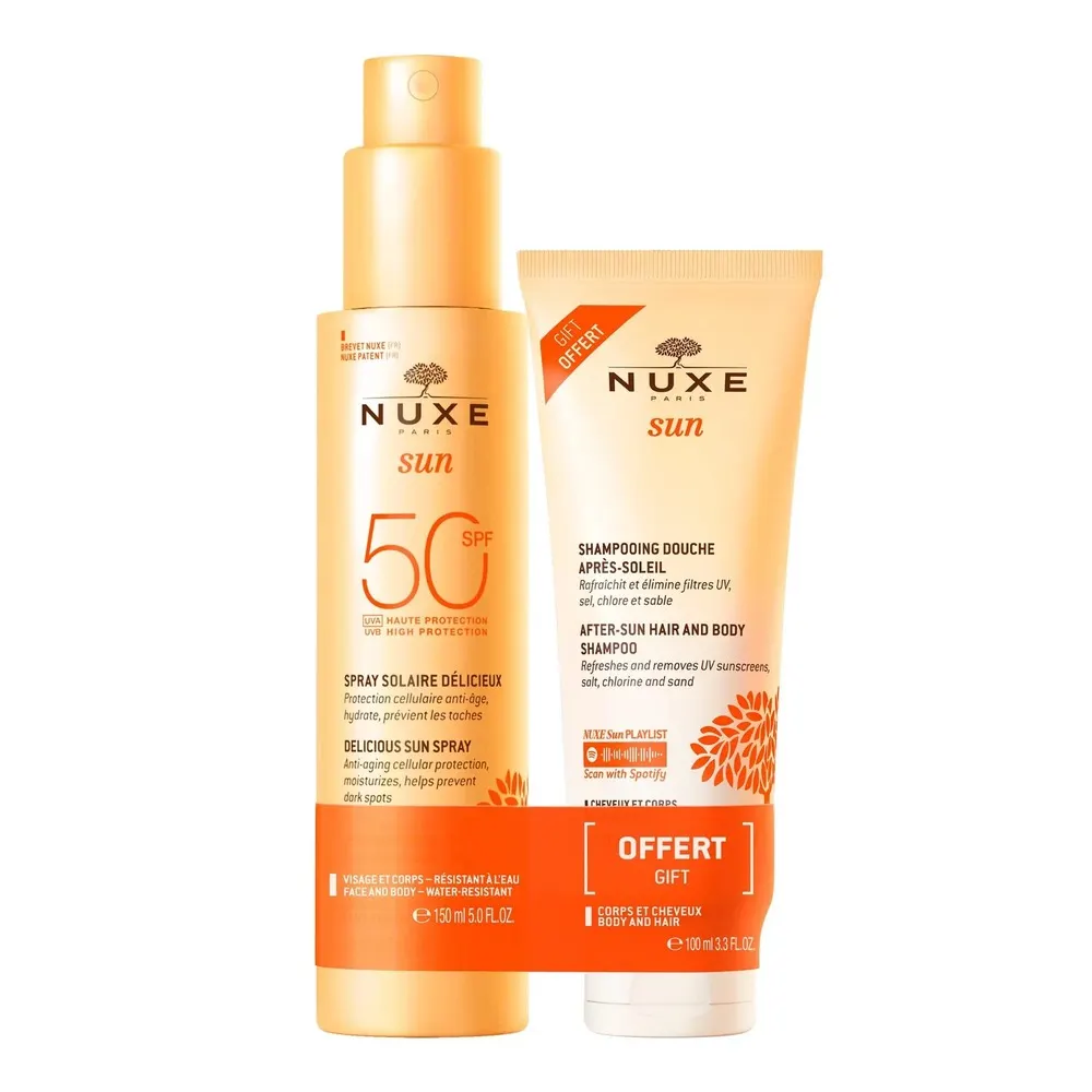 Nuxe sun Duo Spray Solaire Délicieux Haute Protection SPF50 150ml = Shampooing Douche après-soleil 100ml offert