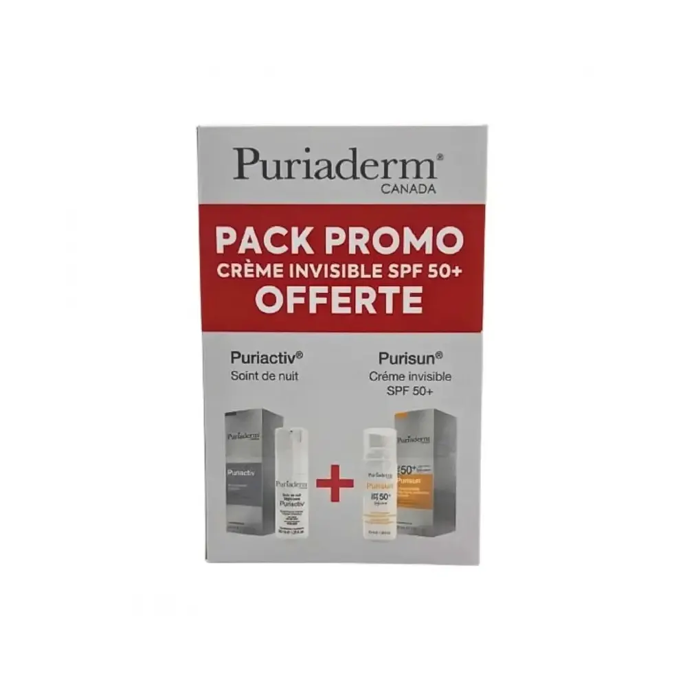 Puriaderm باك Puriactiv كريم ليلي 30 مل + Purisun واقي شمس بلون فاتح SPF 50 هدية