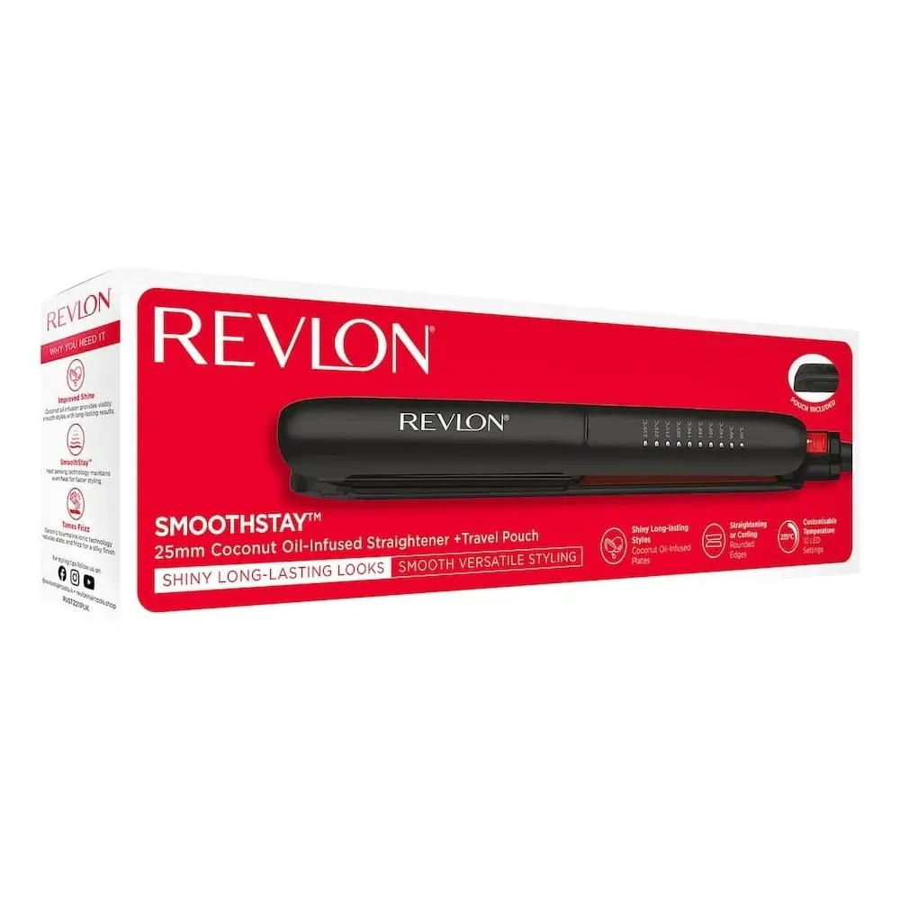 Revlon Smoothstay مكواة فرد الشعر بزيت جوز الهند - Black