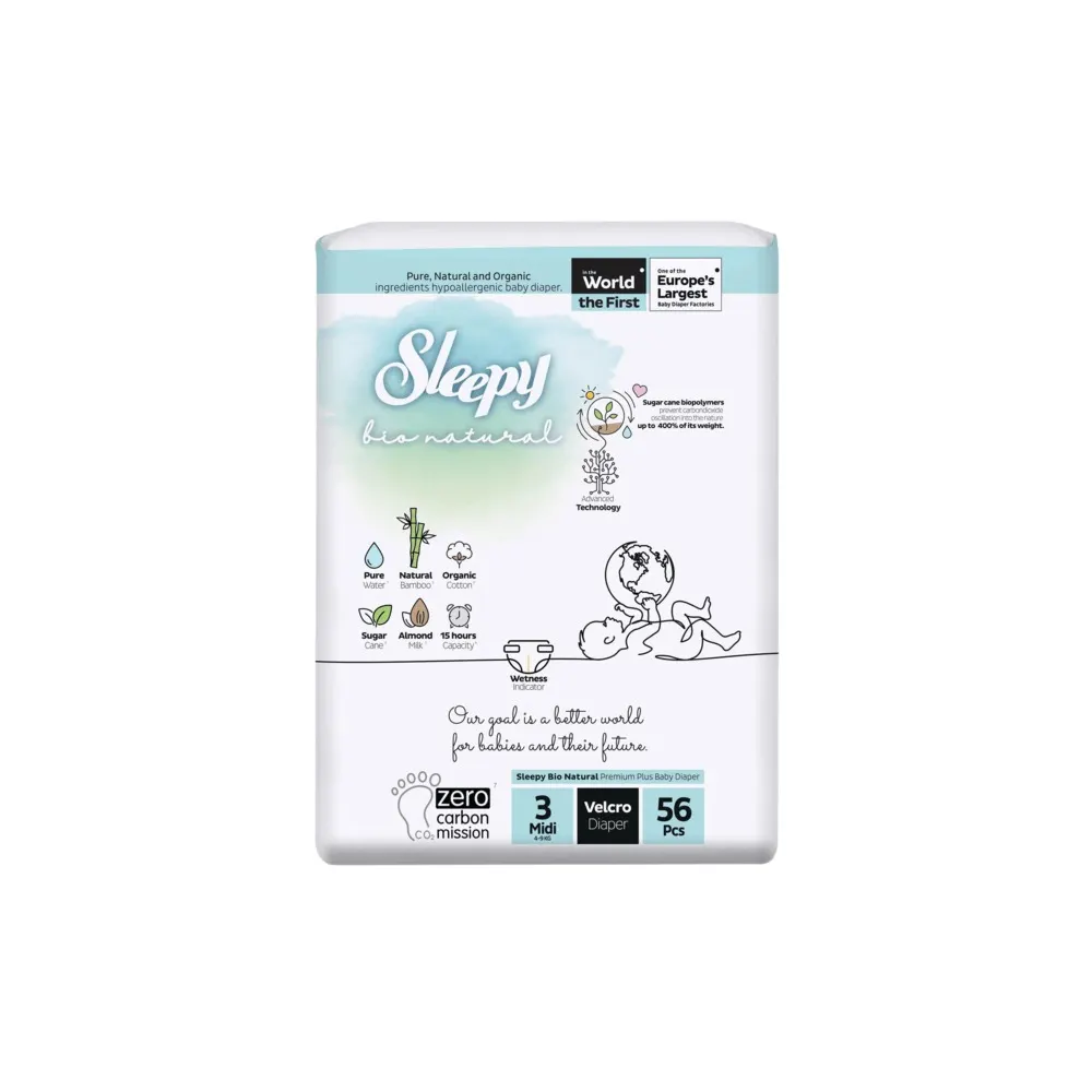 Sleepy حفاضات Bio Natural Double Jumbo Midi المقاس 3 – 56 وحدة / 4-9 كغ