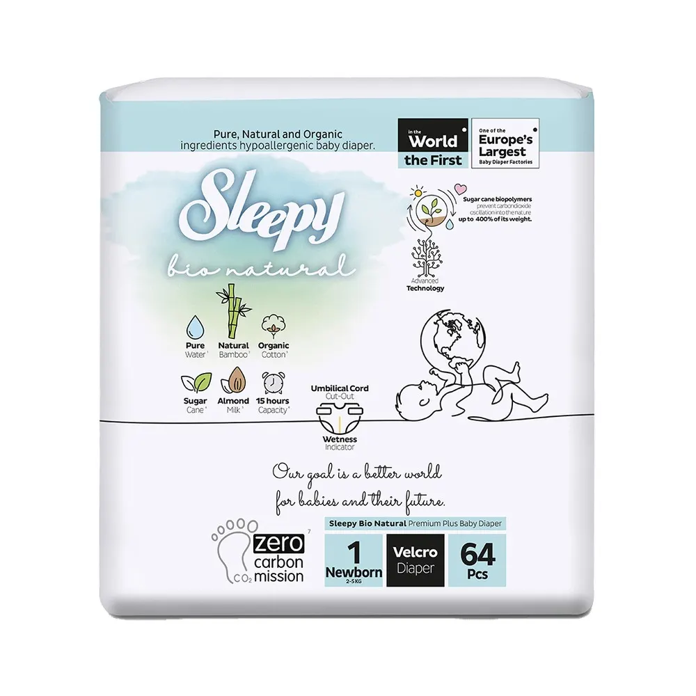 Sleepy حفاضات Bio Natural Double Jumbo حديثي الولادة المقاس 1 – 68 وحدة / 2-5 كغ